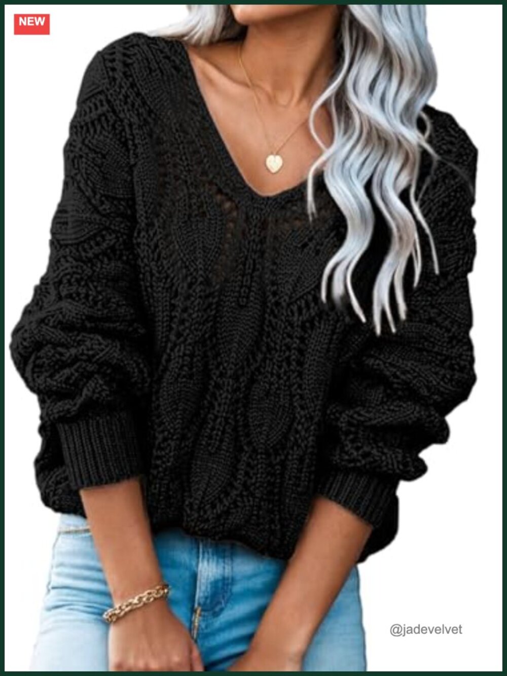 Women's Crochet Hollow Out V-Neck Pullover Sweater